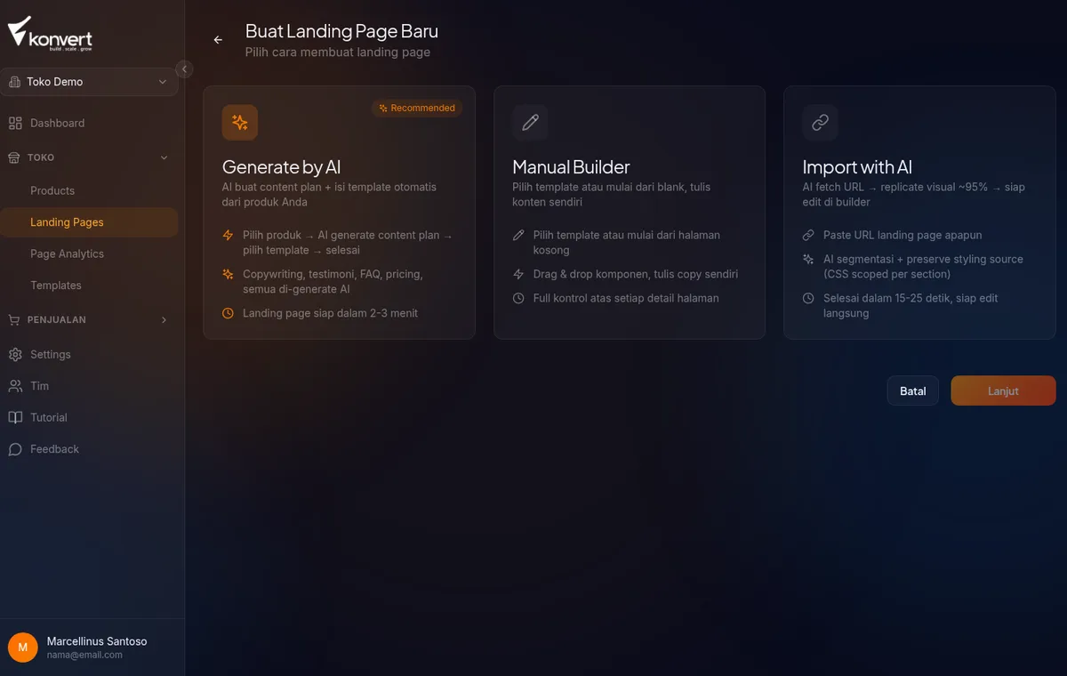 dialog buat landing page — 3 opsi: blank, pilih template, buat dengan AI