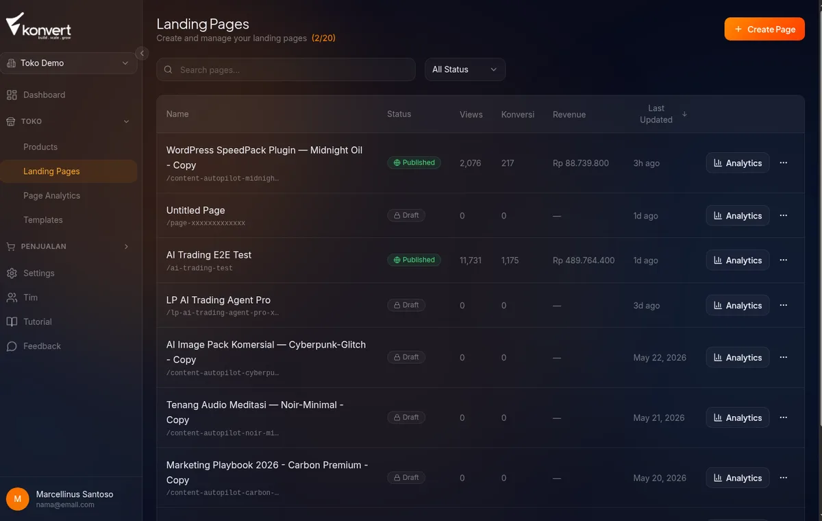 halaman store pages — daftar LP / empty state, menu Landing Pages aktif