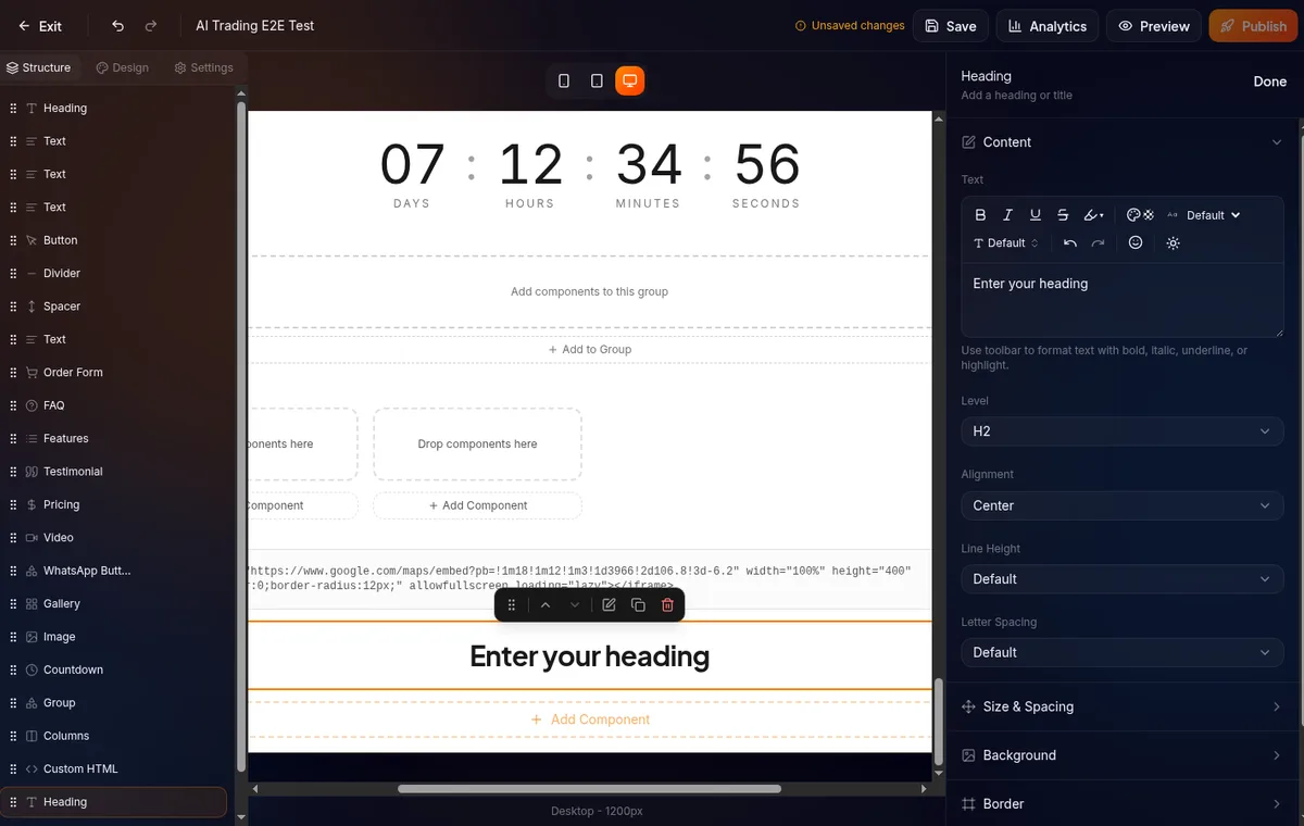 kanvas builder beberapa komponen — selection box biru di sekeliling Heading