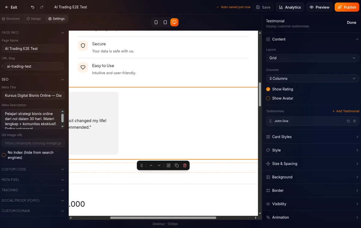 Panel kiri tab Pages di builder