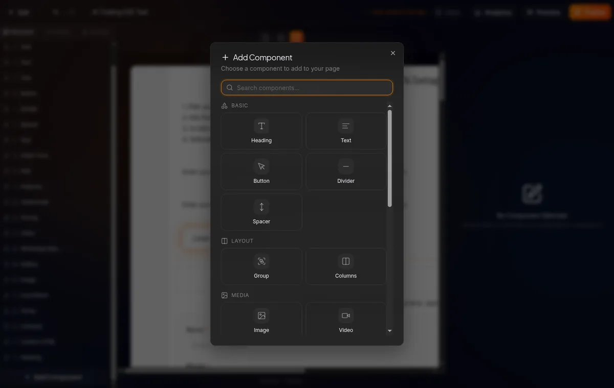 panel kiri tab Components, kursor mengklik kartu "Heading" di kategori Basic