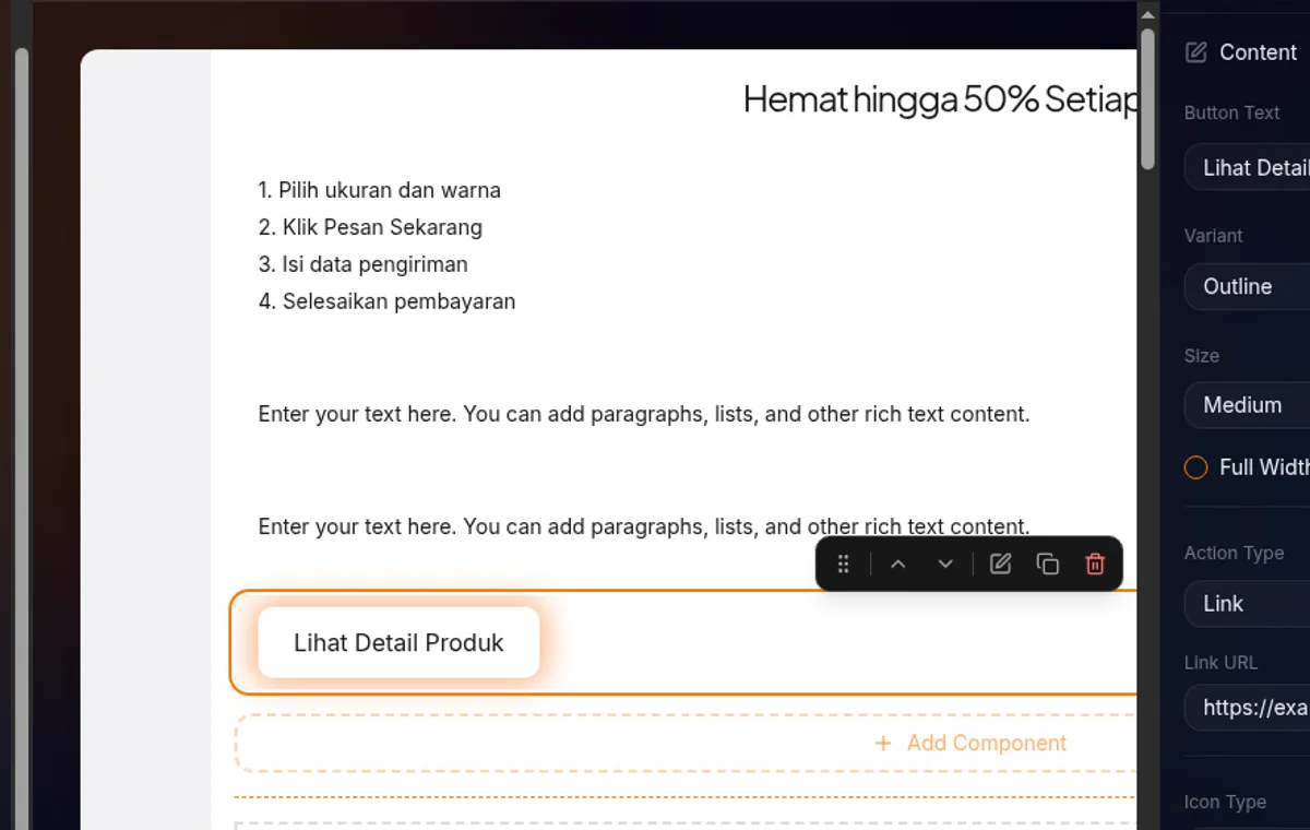 selection box komponen Heading dengan floating icon toolbar — drag move-up move-down duplicate delete