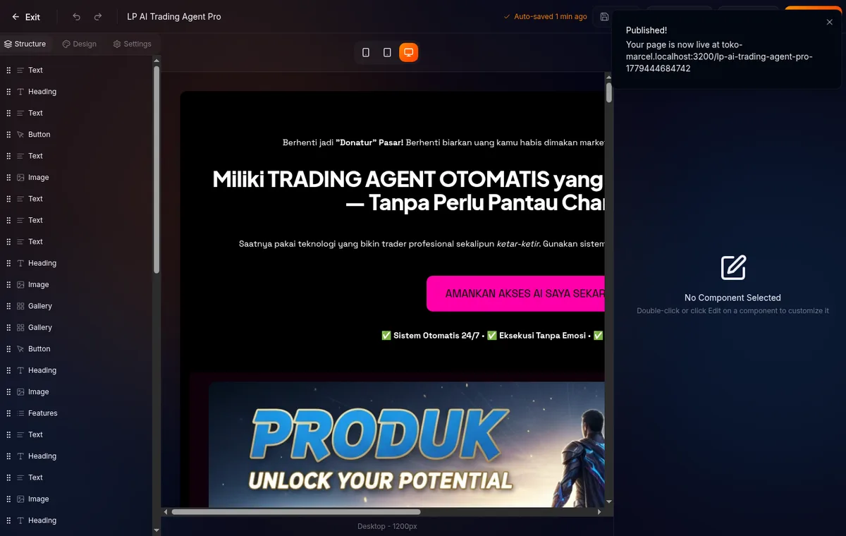 toast notifikasi sukses "Landing page berhasil dipublish" di pojok kanan atas, ada link "Lihat Halaman Live"