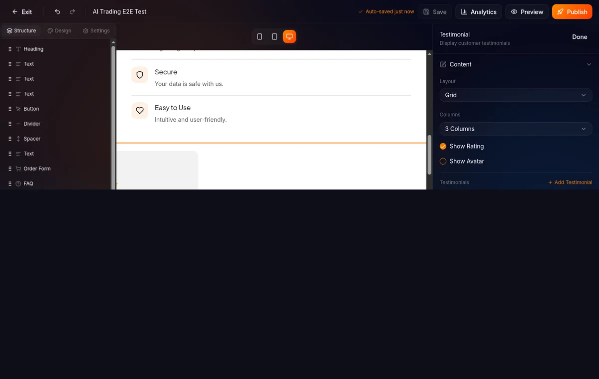 toolbar builder lengkap — logo back, undo, redo, device toggle, save preview publish