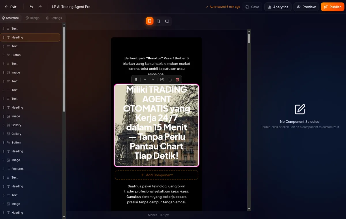 Kanvas builder dalam mode preview mobile