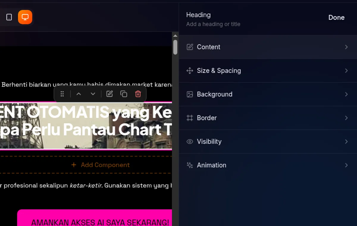 Panel Style di builder — section Spacing, Background, Border