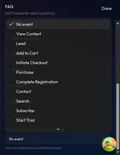Panel properti FAQ dengan dropdown Pixel Event terbuka, menampilkan pilihan event Meta untuk tracking interaksi accordion