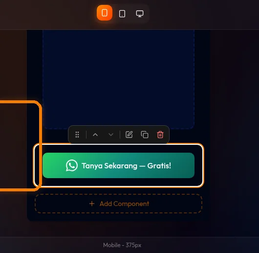 Tombol WhatsApp full-width di layar mobile 375px, mengisi penuh lebar layar dengan icon dan teks "Tanya Sekarang — Gratis!" terpusat