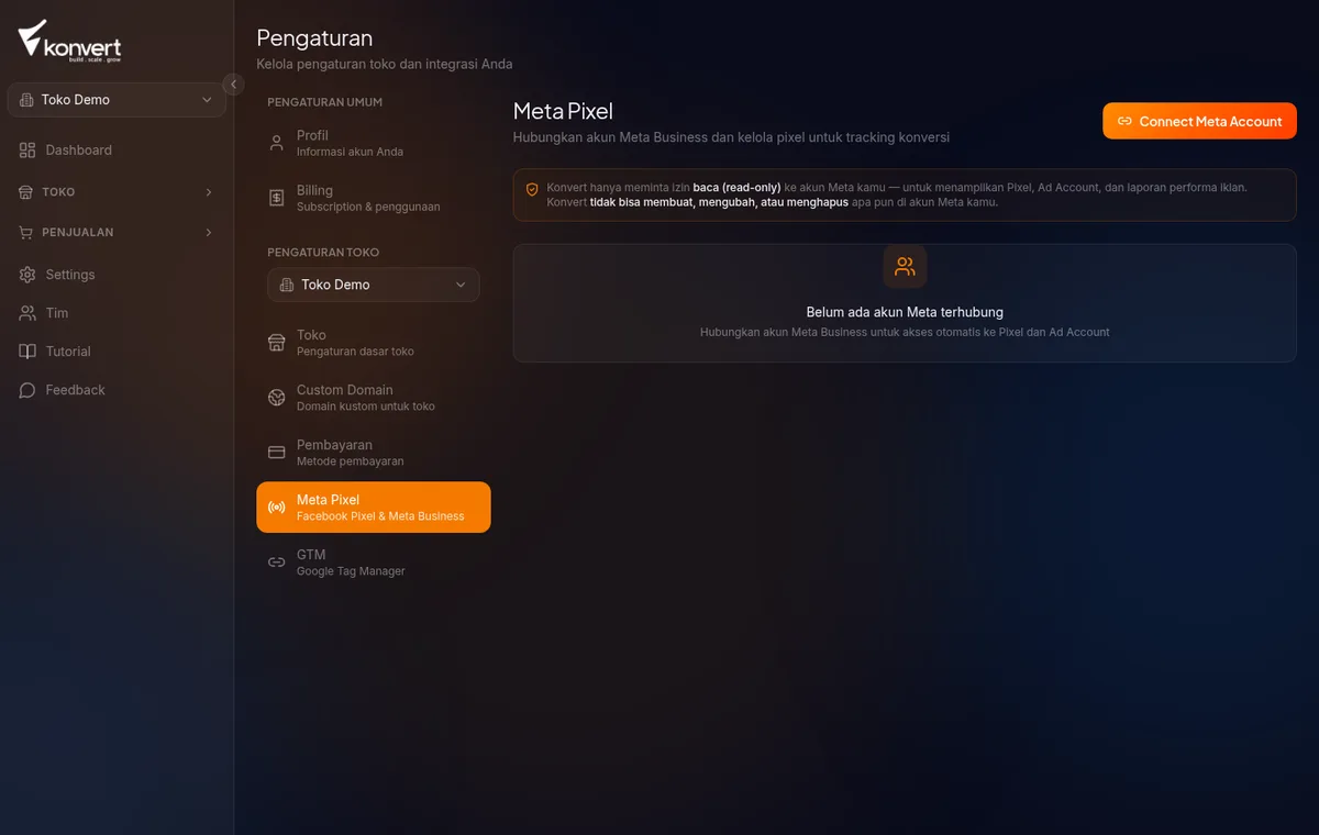 panel Page Settings di builder, bagian Pixel dengan dropdown memilih pixel dari daftar