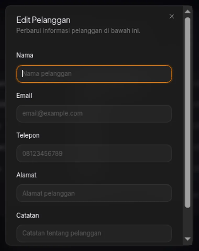 dialog edit pelanggan — field nama, email, telepon, alamat, catatan, tombol Batal dan Simpan