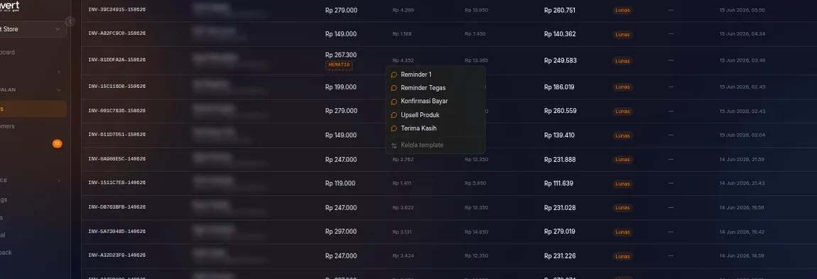 daftar Orders — tombol Follow up diklik di salah satu baris, menu menampilkan pilihan template
