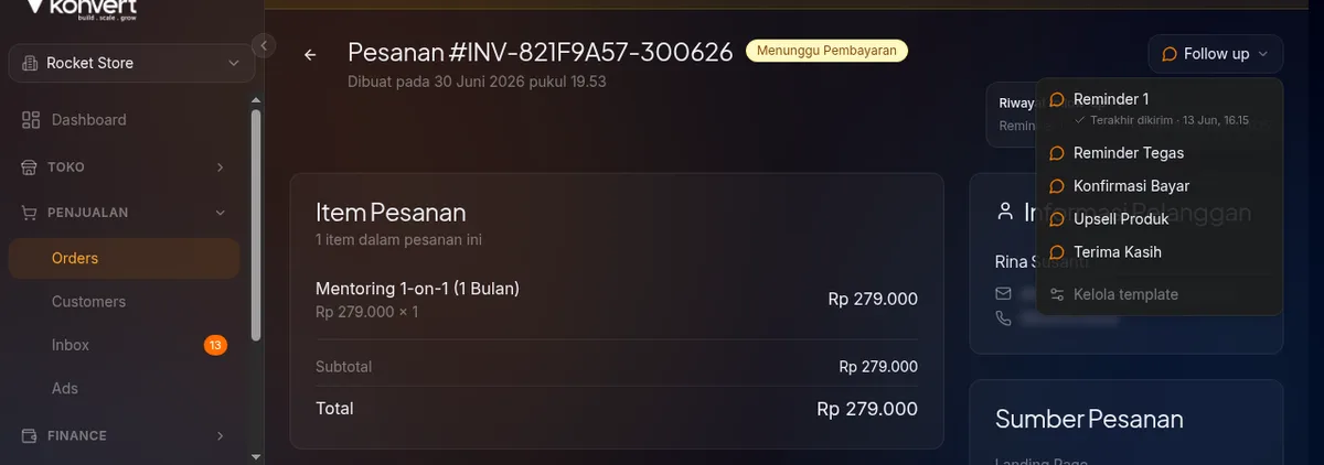 halaman detail pesanan — menu Follow up terbuka menampilkan lima template, Reminder 1 menandai Terakhir dikirim