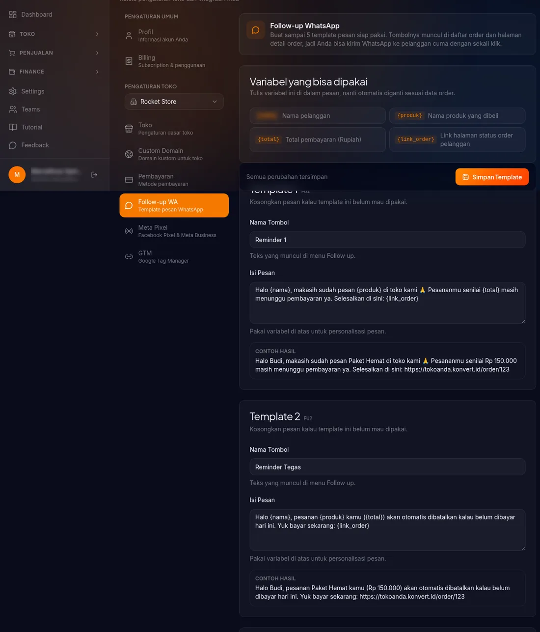 halaman Settings Follow-up WhatsApp — lima slot template, tiap slot punya Nama Tombol dan Isi Pesan