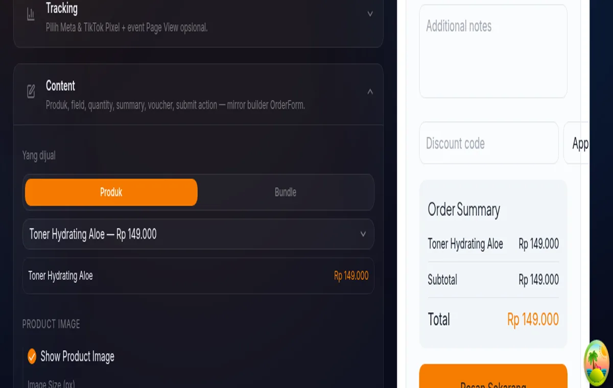 card Content di /store/:storeId/embeds/new — field Yang dijual terisi produk, toggle Product Image/Order Summary/Discount Code terlihat