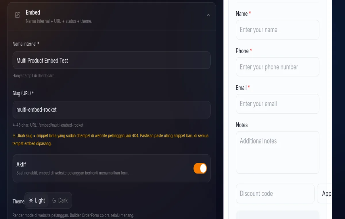 card Embed di /store/:storeId/embeds/new — toggle Aktif dan pilihan theme Light/Dark