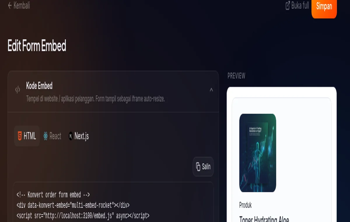 card Kode Embed di /store/:storeId/embeds/:id — tab HTML/React/Next.js dengan tombol Salin
