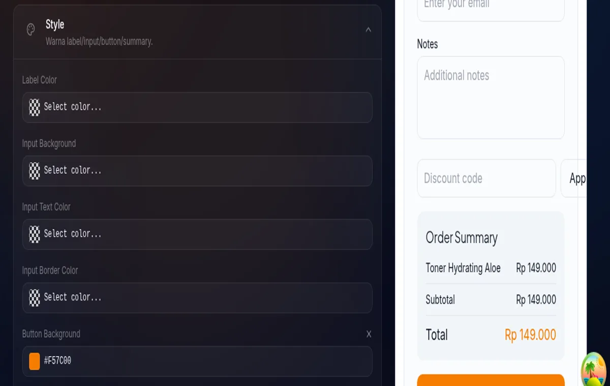 card Style di /store/:storeId/embeds/new — color picker label/input/tombol/summary