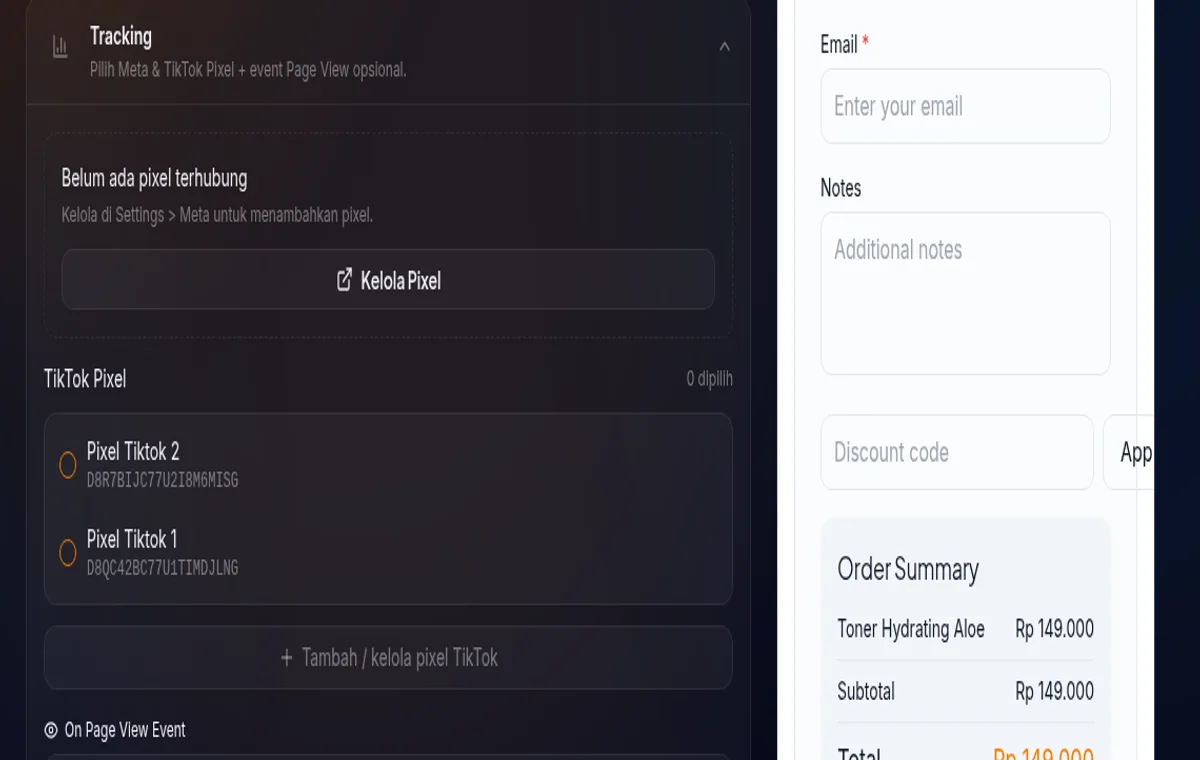 card Tracking di /store/:storeId/embeds/new — dropdown pilih Meta Pixel dan daftar checklist TikTok Pixel