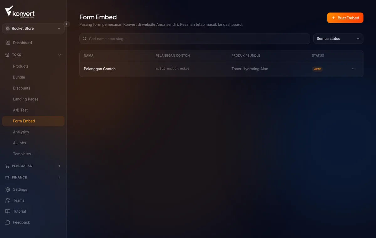 daftar Form Embed di /store/:storeId/embeds — tabel kosong atau berisi beberapa embed, tombol Buat Embed di kanan atas