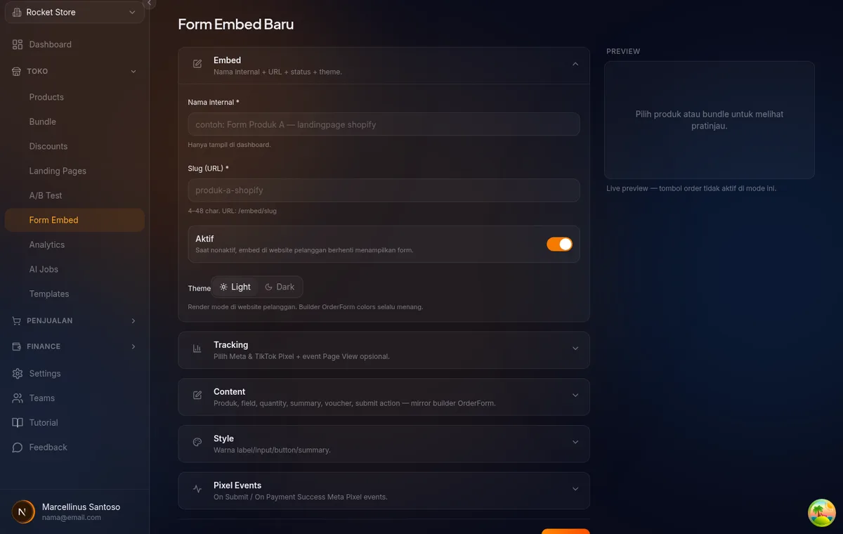halaman Form Embed Baru di /store/:storeId/embeds/new — panel form di kiri, panel preview live di kanan