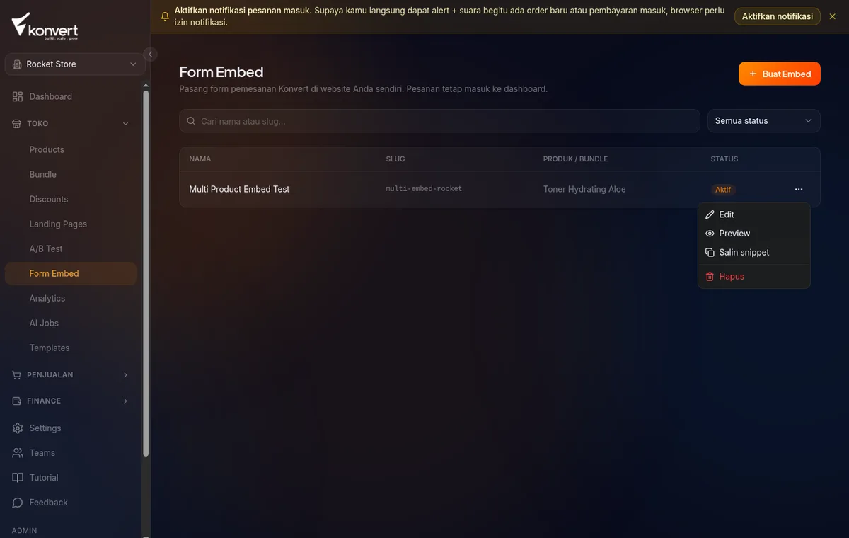 menu titik-tiga di baris embed pada /store/:storeId/embeds — pilihan Edit, Preview, Salin snippet, Hapus terlihat