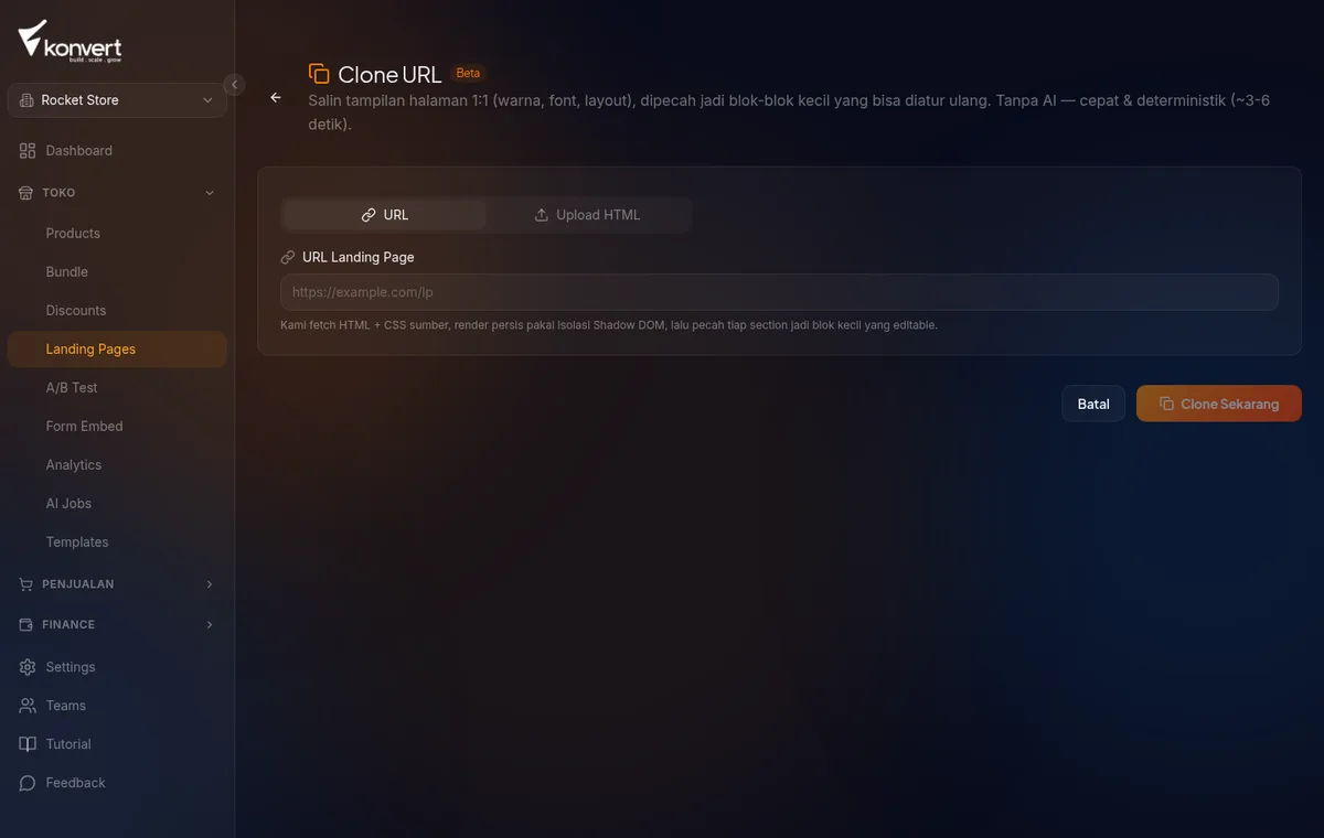 halaman Clone URL Beta di /landing-pages/import-clone/input — tab URL aktif dengan input field URL landing page