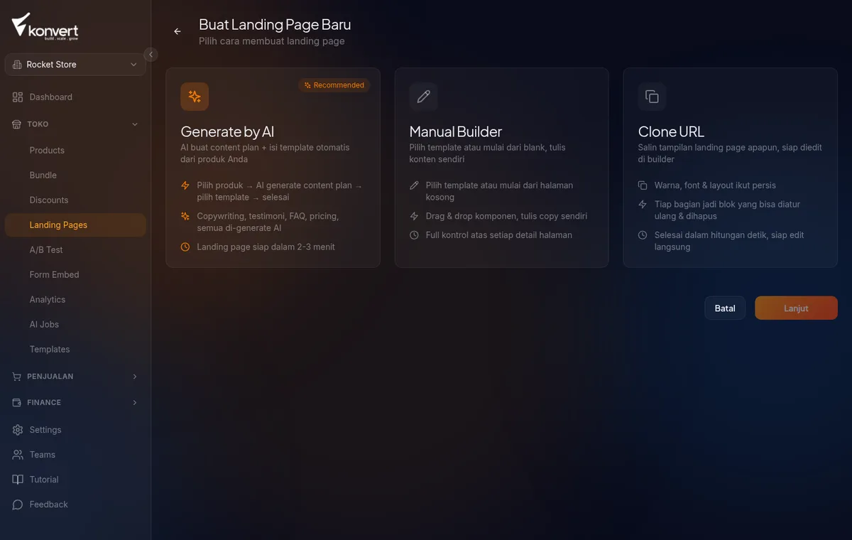 halaman pilih metode buat LP di /landing-pages/new — 3 kartu Generate by AI, Manual Builder, dan Clone URL