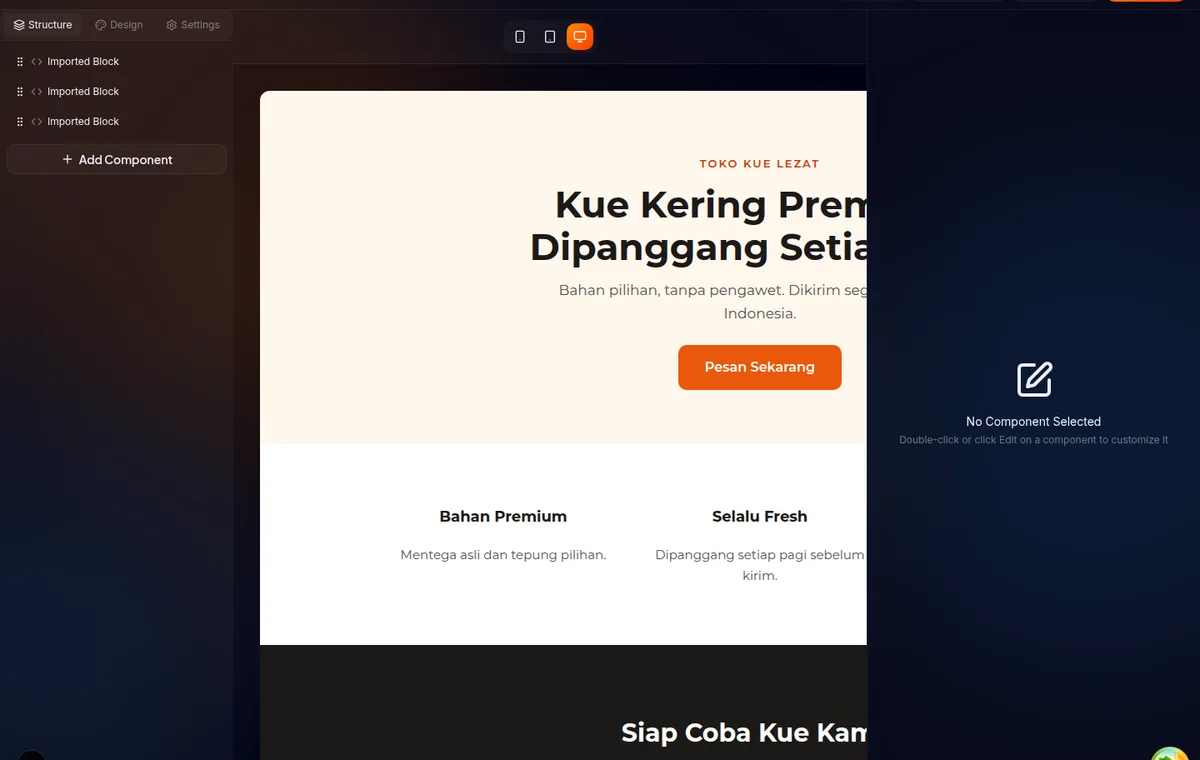 hasil clone terbuka di builder pada halaman /builder/:pageId — tampilan halaman sudah menyerupai sumber aslinya