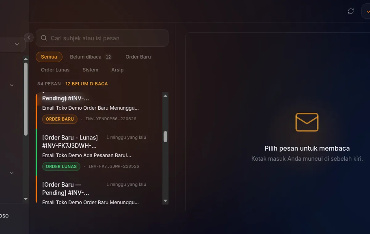 daftar notifikasi dengan jenis Order Baru dan Order Lunas