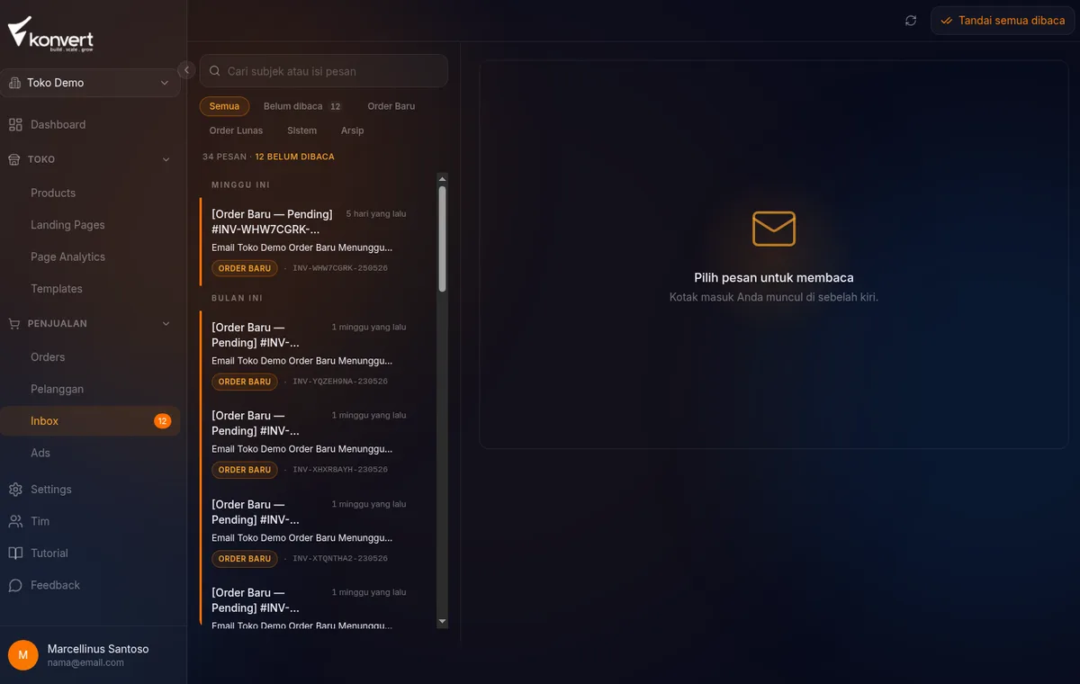 Halaman inbox dengan daftar notifikasi masuk