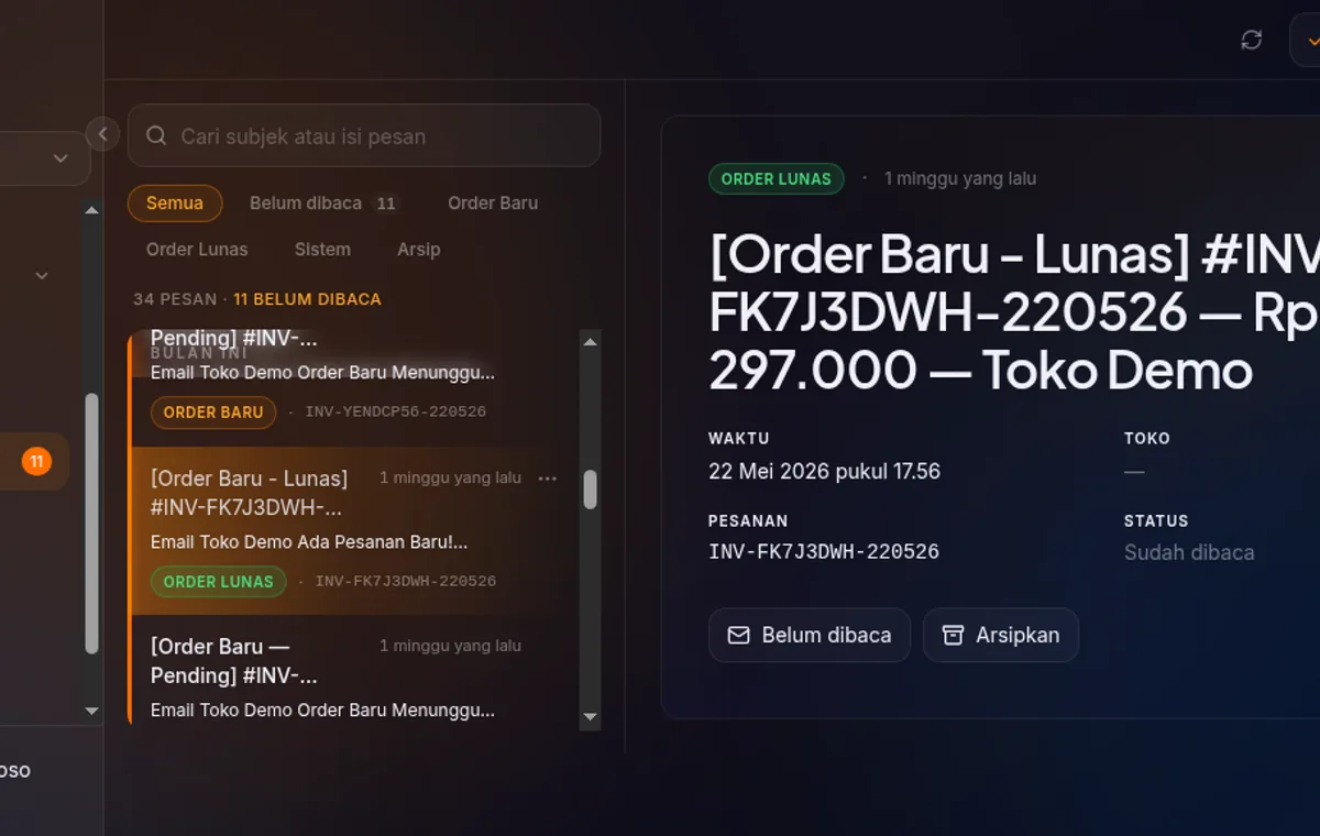 pesan inbox dengan tombol aksi "Lihat Order" dan ikon mark read/archive
