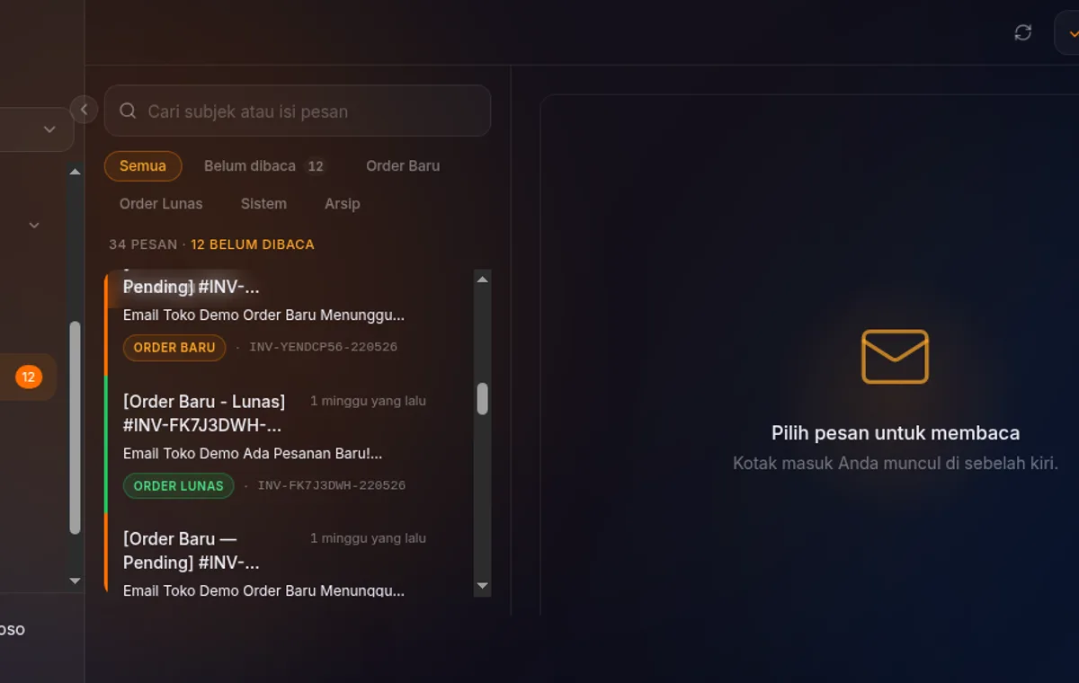 sidebar dengan badge angka unread di menu Inbox