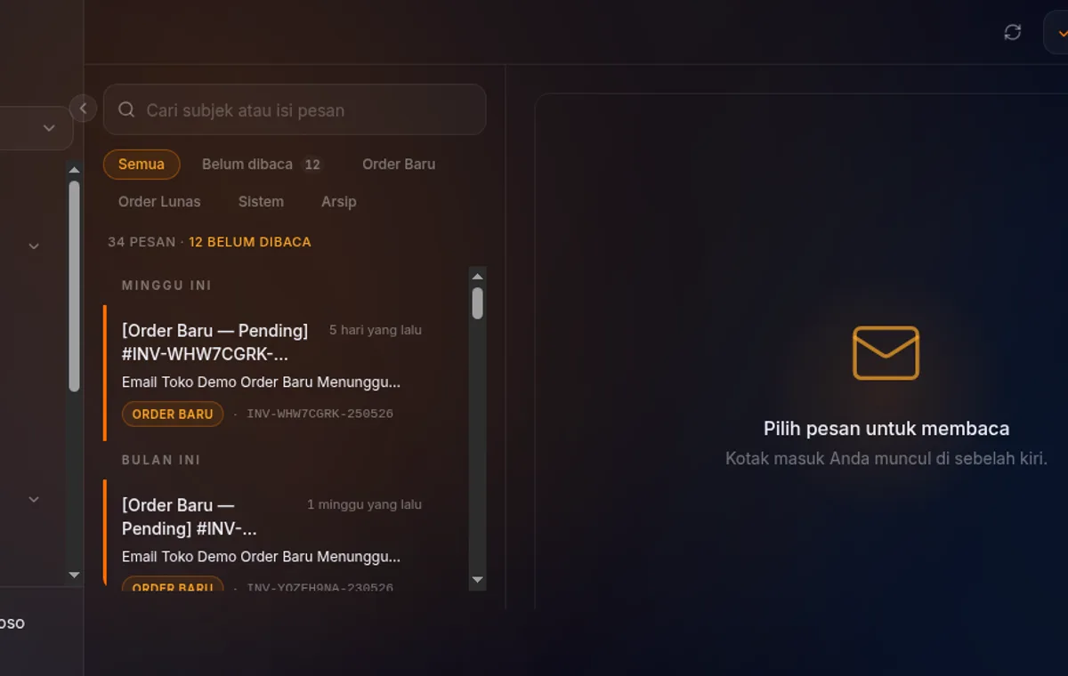 toolbar filter inbox dengan dropdown status, jenis, toko, dan kotak pencarian