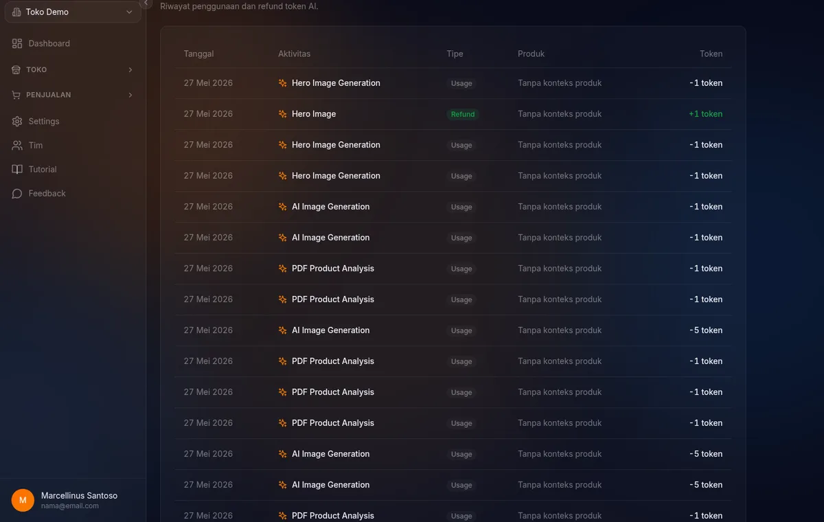 Halaman /settings/billing/activity — log Aktivitas AI (penggunaan dan refund token AI)