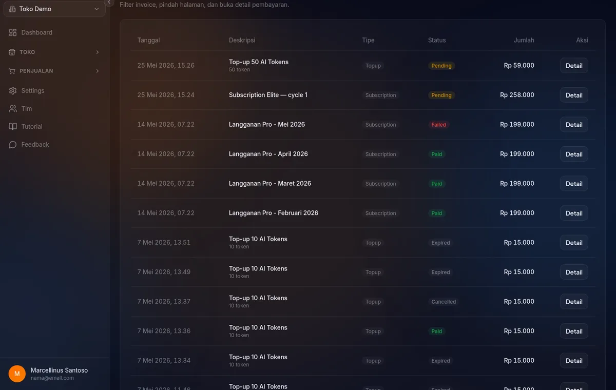 Halaman /settings/billing/invoices — Riwayat Pembayaran dengan filter tipe dan status, kolom Tanggal/Deskripsi/Tipe/Status/Jumlah
