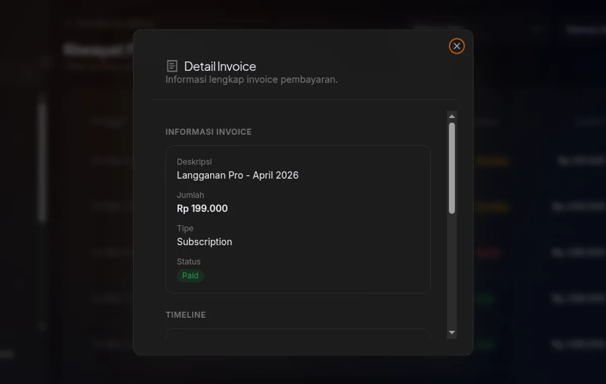 Modal Detail Invoice — Informasi Invoice (deskripsi, jumlah, tipe, status), section Timeline