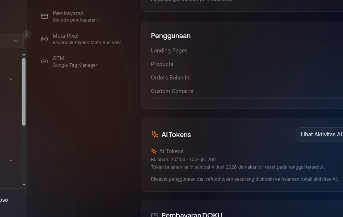Section Penggunaan di /settings/billing — progress bar Landing Pages, Products, Orders Bulan Ini, Custom Domains