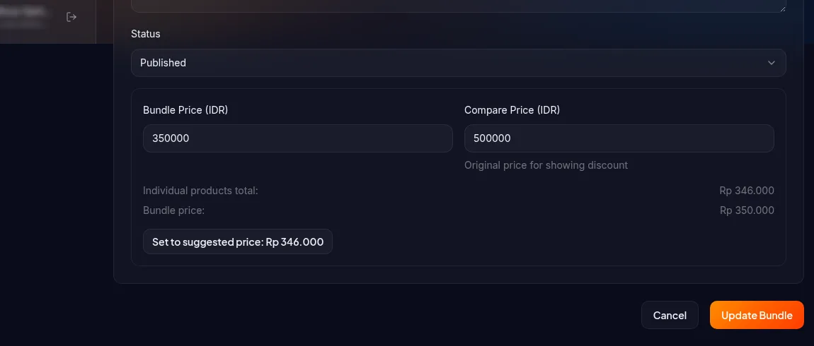 edit bundle — dropdown Status diubah ke "Published" dan tombol Update Bundle di bawah