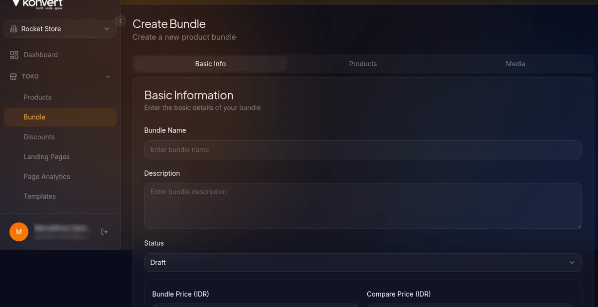 halaman Create Bundle — tampilan tab Basic Info, Products, Media di bagian atas form
