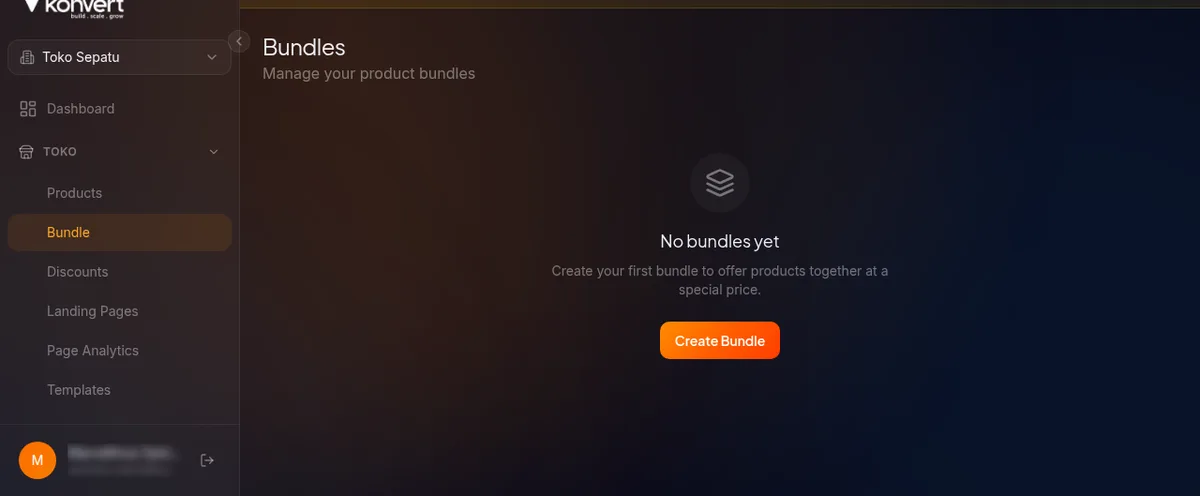 halaman daftar bundle kosong — tulisan "No bundles yet" di tengah dan tombol "Create Bundle" di pojok kanan atas