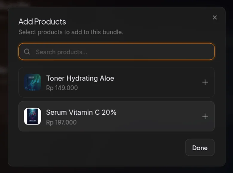 panel pemilihan produk — daftar produk dengan nama dan harga, beberapa produk sudah tercentang