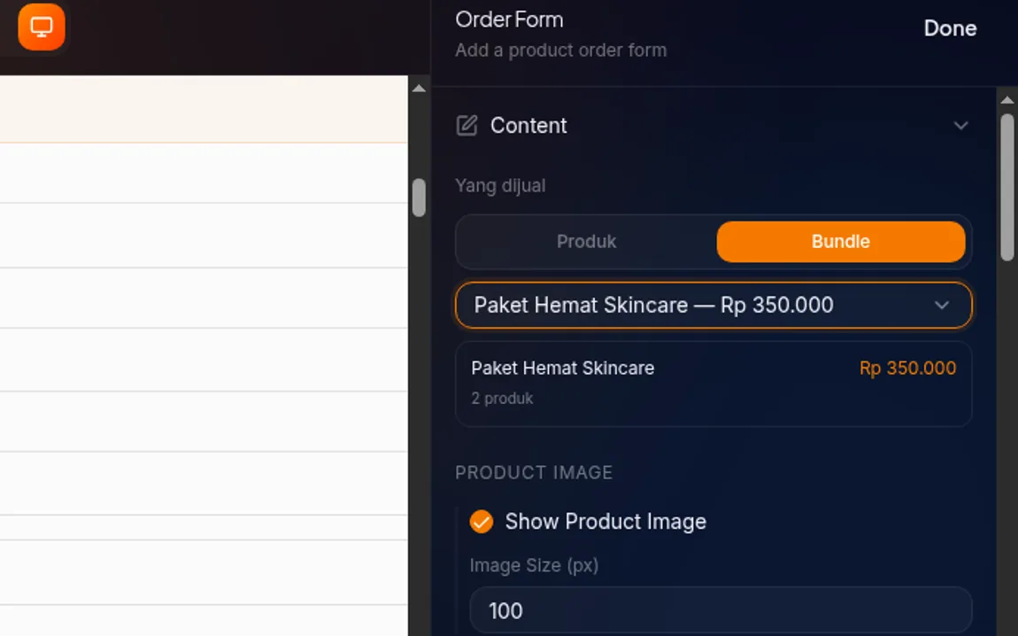 pengaturan komponen Order Form di builder — opsi memilih bundle, bundle "Paket Hemat Skincare" sudah dipilih