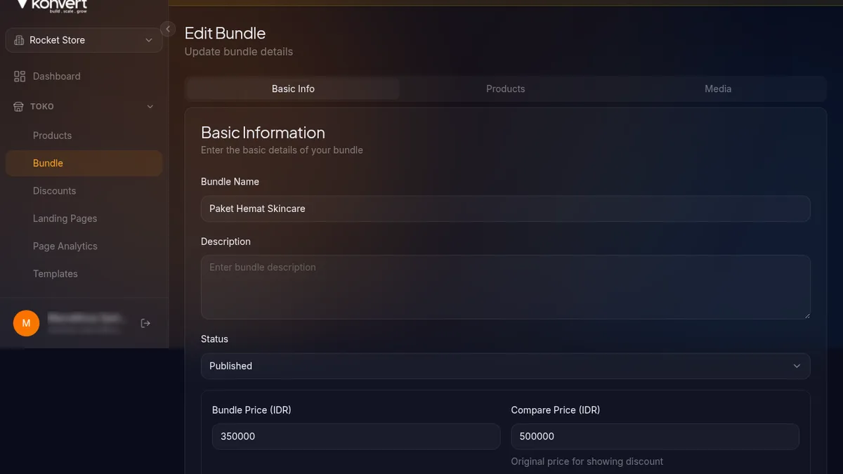 tab Basic Info — field Bundle Name, Description, dropdown Status pilihan Draft/Published/Archived, field Bundle Price dan Compare Price