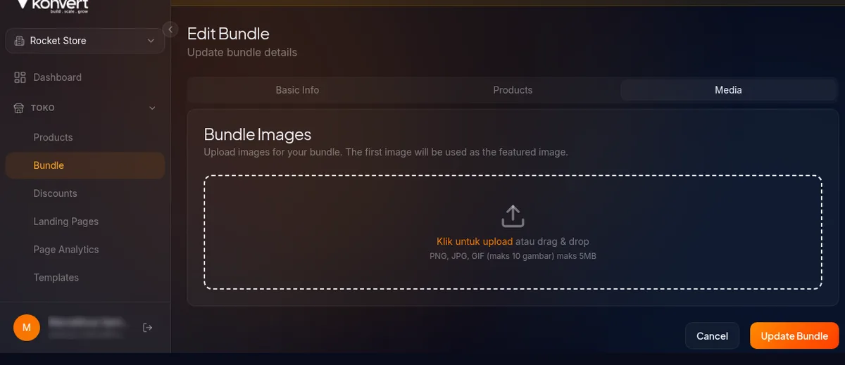 tab Media — area upload gambar bundle