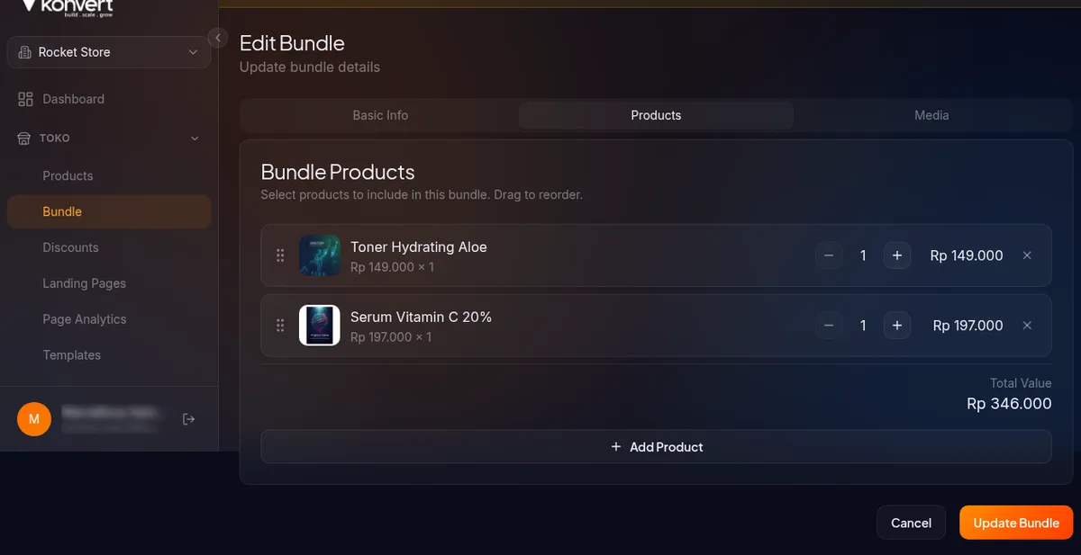 tab Products — daftar produk yang sudah ditambahkan ke bundle dengan ikon drag di sisi kiri untuk mengatur urutan