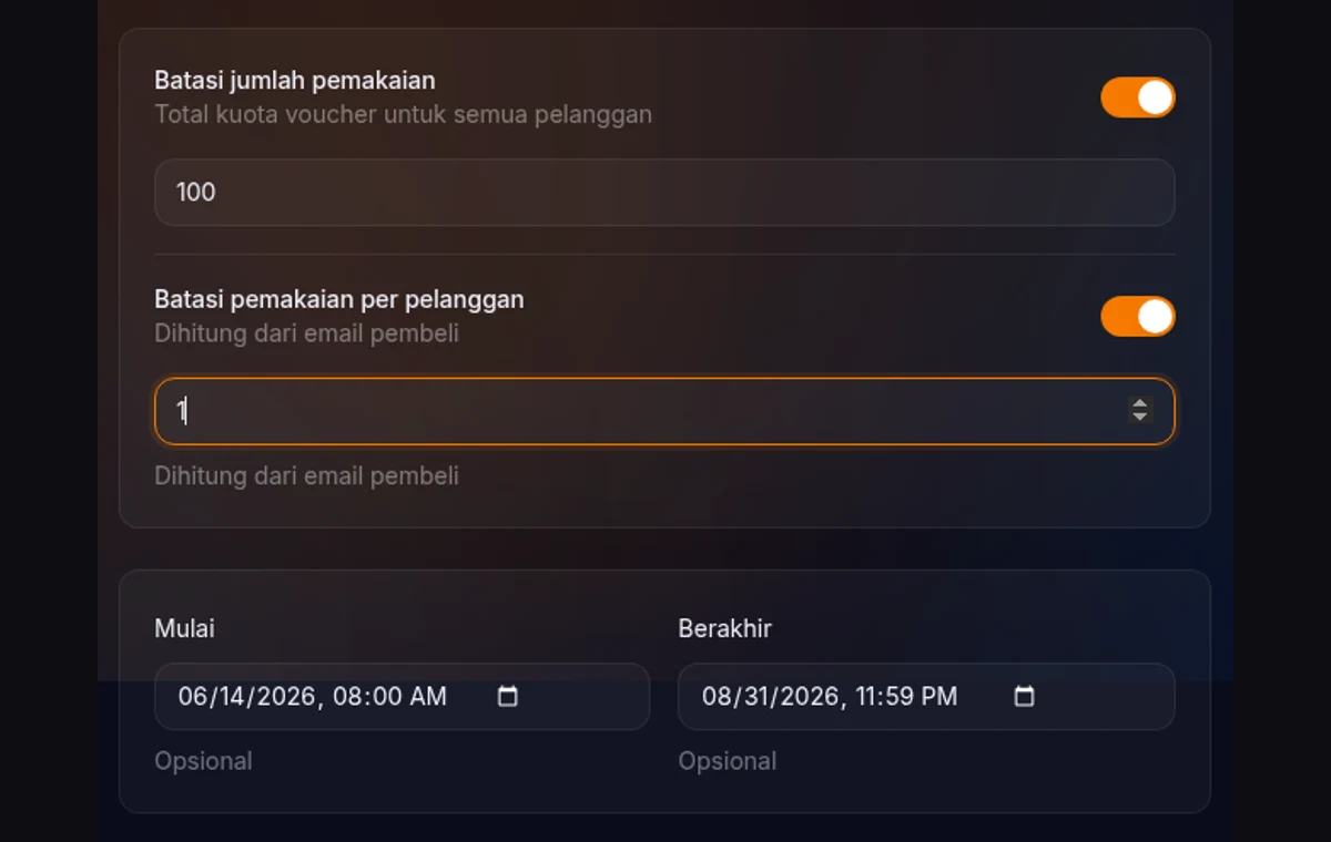 bagian batasan pemakaian di form — toggle kuota total aktif dengan angka, toggle per pelanggan, dan field tanggal mulai-berakhir