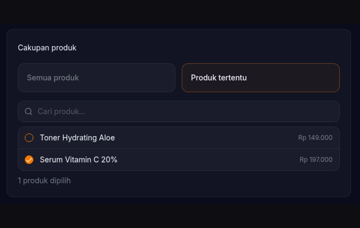 bagian cakupan produk — opsi "Produk tertentu" dipilih, daftar produk dengan checkbox muncul