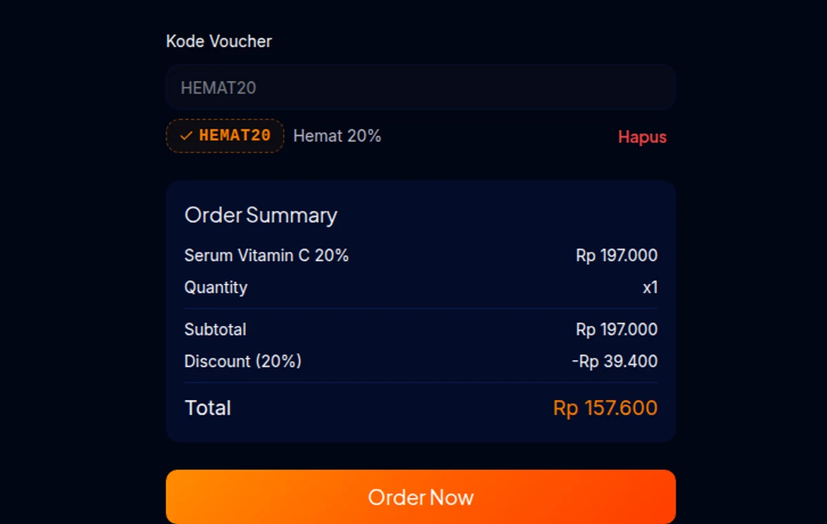 form order di landing page — kolom kode voucher dengan tanda centang hijau dan keterangan "Hemat 20%", total harga sudah terpotong