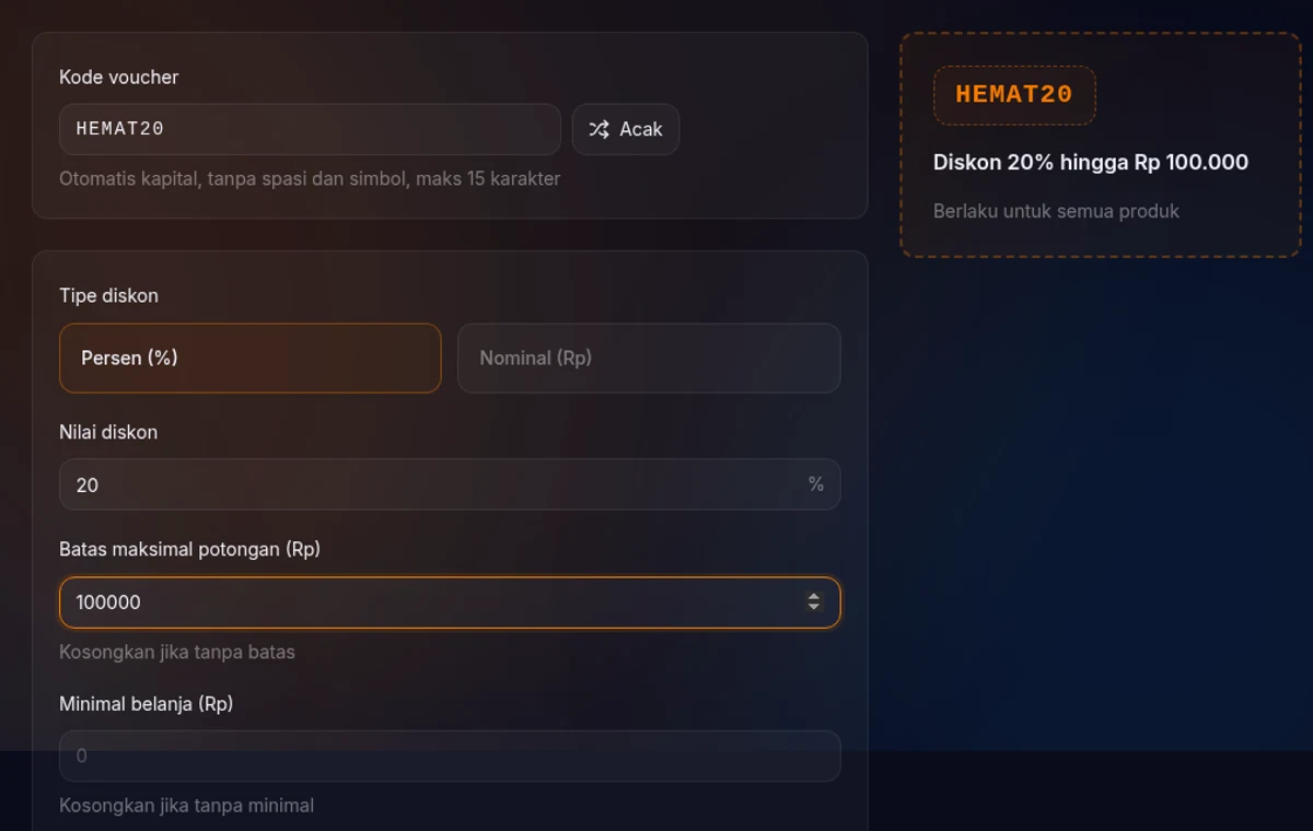 halaman buat voucher — form dua kolom, kiri isian, kanan preview chip kode dan daftar syarat