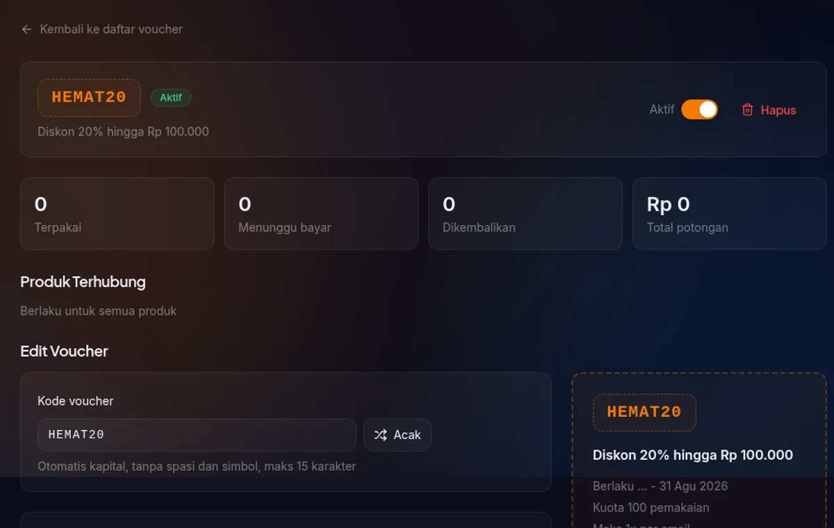 halaman detail voucher — header dengan chip kode dan badge status, empat kartu statistik, dan bagian riwayat pemakaian di bawah